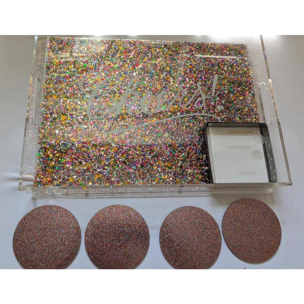 Bar Glitter Lot Of 2 Baublebar 4 Glitter Coasters NIB and Pier One Glitter Tray - Picture 7 of 9